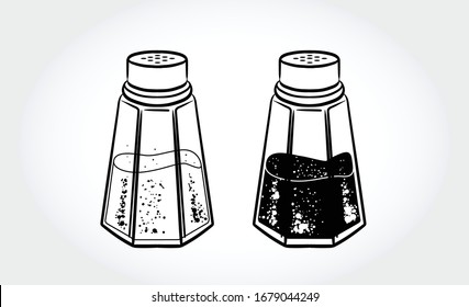 Black end white vector illustration of salt and pepper shakers.