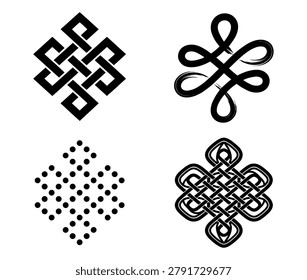 Black endless knot designs. eternal knot, representing interweaving of spiritual path, timelessness, and unending wisdom of buddha.