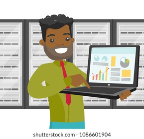 Black it engineer in server room with a computer in hands and servers on the background. Concept of data storage system and big data. Vector cartoon illustration isolated on white background.