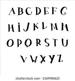 Black english alphabet on white background in comic style, hand drawn fonts. Vector illustration. Script letters for design. 