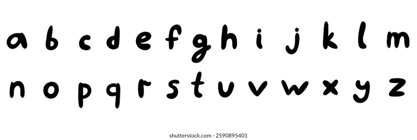 Black english latin abc alphabet lower case font handwritten A to Z collection. Vector illustration in doodle style isolated on white background. For kids book, typography, logo, card, menu.