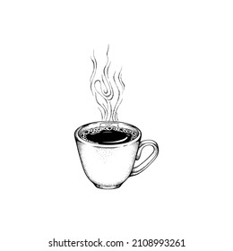 Black Engraved Cup of Coffee with steam, Graphic Isolated Vector Illustration