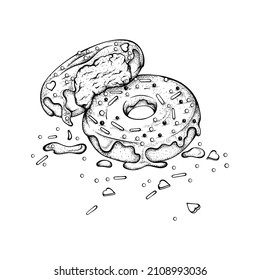 Black Engraved sprinkle donut Sweets Graphic Isolated Vector Illustration