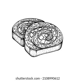 Black Engraved Sweet Cake Roll Pieces Graphic Isolated Vector Illustration