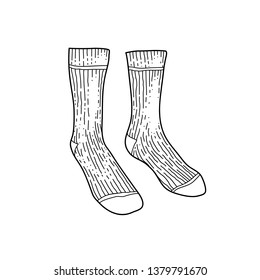 Black engraved textile socks drawing  Man cotton garment for the foot ink hand drawn style vector illustration