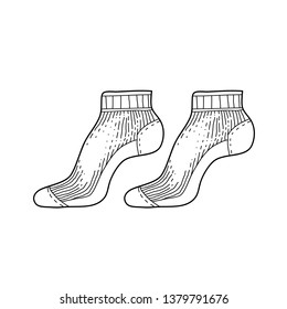 Black engraved textile socks drawing. Short cotton garment for the foot ink hand drawn style vector illustration