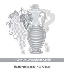 Black engraving label for food or cosmetics isolated on white. Glass bottle of grape seed oil or wine with berries near