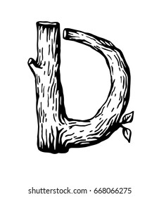 Black engraving Letter D  made of wood with leaves on the white background