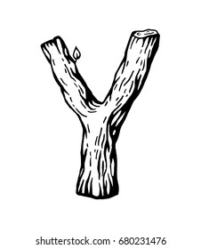 Black engraving Letter Y  made of wood with leaves on the white background