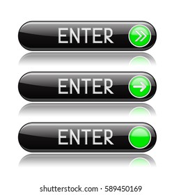 Black ENTER buttons with green tags and reflection. Vector 3d illustration
