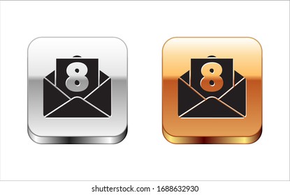 Black Envelope with 8 March icon isolated on white background. Message love. Letter love and romance. International Happy Women Day. Silver-gold square button. Vector Illustration