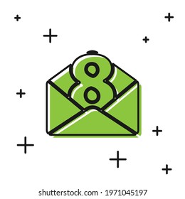 Black Envelope with 8 March icon isolated on white background. Message love. Letter love and romance. International Happy Women Day.  Vector Illustration