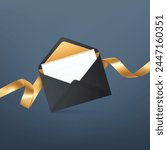 A black envelope adorned with a golden ribbon, showcasing craft and artistry