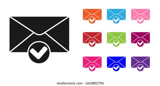 Schwarzer Umschlag und Markierungssymbol einzeln auf weißem Hintergrund. Erfolgreiche E-Mail-Zustellung, E-Mail-Zustellbestätigung. Symbole bunt festlegen. Vektorillustration-Illustration