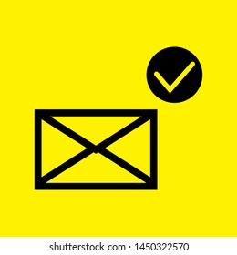 Black envelope and check mark on yellow background, vector