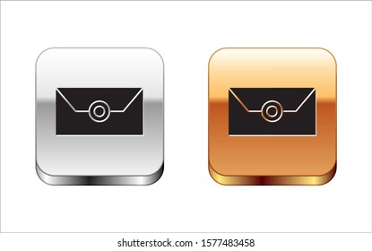 Black Envelope with christmas party invitation card icon isolated on white background. Merry Christmas and Happy New Year. Silver-gold square button. Vector Illustration