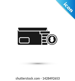 Black Envelope with coin dollar symbol icon isolated on white background. Salary increase, money payroll, compensation income. Vector Illustration Black Envelope with coin dollar symbol icon isolated on white background. Salary increase, money payroll, compensation income. Vector Illustration