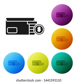 Black Envelope with coin dollar symbol icon isolated on white background. Salary increase, money payroll, compensation income. Set icons colorful circle buttons. Vector Illustration