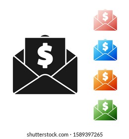 Black Envelope with coin dollar symbol icon isolated on white background. Salary increase, money payroll, compensation income. Set icons colorful. Vector Illustration