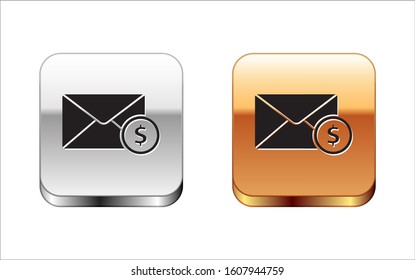 Black Envelope with coin dollar symbol icon isolated on white background. Salary increase, money payroll, compensation income. Silver-gold square button. Vector Illustration