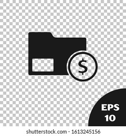 Black Envelope with coin dollar symbol icon isolated on transparent background. Salary increase, money payroll, compensation income.  Vector Illustration