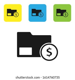 Black Envelope with coin dollar symbol icon isolated on white background. Salary increase, money payroll, compensation income. Set icons colorful square buttons. Vector Illustration