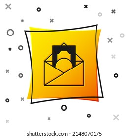 Black Envelope with coin dollar symbol icon isolated on white background. Salary increase, money payroll, compensation income. Yellow square button. Vector