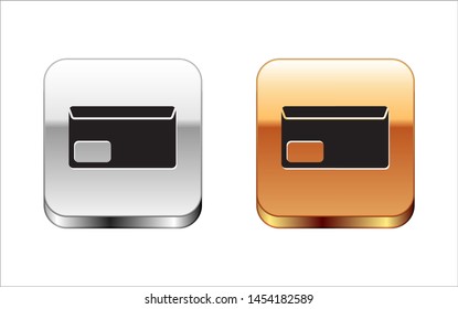 Black Envelope icon isolated on white background. Email message letter symbol. Silver-gold square button. Vector Illustration