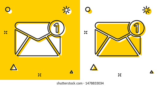 Black Envelope icon isolated on yellow and white background. Received message concept. New, email incoming message, sms. Mail delivery service. Random dynamic shapes. Vector Illustration
