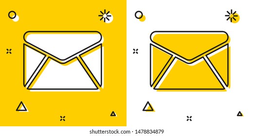 Black Envelope icon isolated on yellow and white background. Email message letter symbol. Random dynamic shapes. Vector Illustration