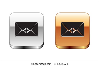 Black Envelope icon isolated on white background. Email message letter symbol. Silver-gold square button. Vector Illustration