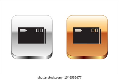 Black Envelope icon isolated on white background. Email message letter symbol. Silver-gold square button. Vector Illustration