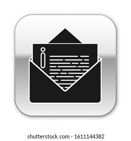 Black Envelope icon isolated on white background. Email message letter symbol. Silver square button. Vector Illustration