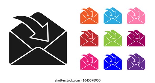 Icono sobre negro aislado en fondo blanco. Concepto de mensaje recibido. Nuevo mensaje entrante de correo electrónico, sms. Servicio de entrega de correo. Establecer iconos coloridos.  Ilustración vectorial