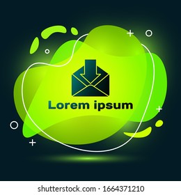 Black Envelope icon isolated on black background. Received message concept. New, email incoming message, sms. Mail delivery service. Abstract banner with liquid shapes. Vector Illustration