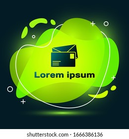 Black Envelope icon isolated on black background. Email message letter symbol. Abstract banner with liquid shapes. Vector Illustration