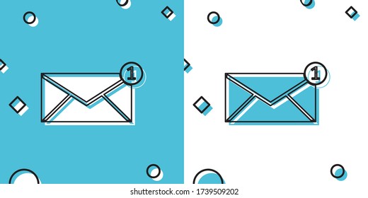 Black Envelope icon isolated on blue and white background. Received message concept. New, email incoming message, sms. Mail delivery service. Random dynamic shapes. Vector Illustration