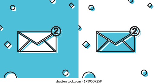 Icono sobre negro aislado en fondo azul y blanco. Concepto de mensaje recibido. Nuevo mensaje entrante por correo electrónico, sms. Servicio de envío de correo. Formas dinámicas aleatorias. Ilustración vectorial