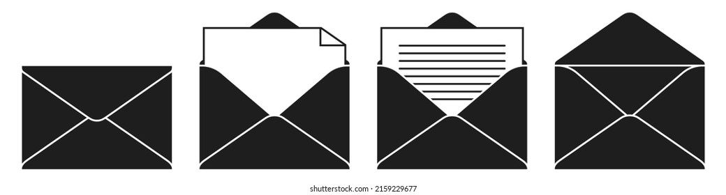 Black envelope icon vector set. Mail, e-mail, letter, or document icons isolated on a white background.