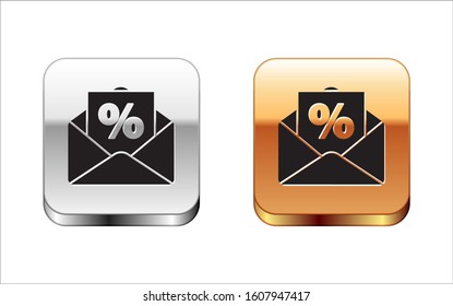 Black Envelope with an interest discount from the store icon isolated on white background. Silver-gold square button. Vector Illustration