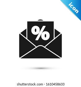 Black Envelope with an interest discount from the store icon isolated on white background.  Vector Illustration