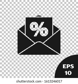 Black Envelope with an interest discount from the store icon isolated on transparent background.  Vector Illustration