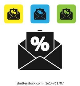 Black Envelope with an interest discount from the store icon isolated on white background. Set icons colorful square buttons. Vector Illustration