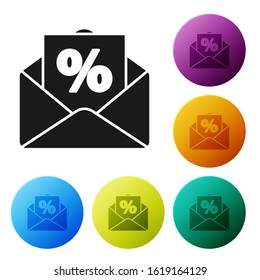 Black Envelope with an interest discount from the store icon isolated on white background. Set icons colorful circle buttons. Vector Illustration