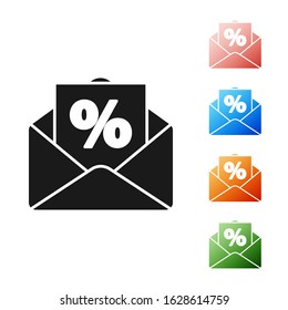 Black Envelope with an interest discount from the store icon isolated on white background. Set icons colorful. Vector Illustration