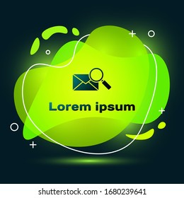 Black Envelope mail with magnifying glass icon isolated on black background. Abstract banner with liquid shapes. Vector Illustration