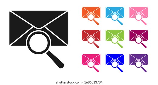 Black Envelope mail with magnifying glass icon isolated on white background. Set icons colorful. Vector Illustration