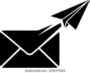 A black envelope with a paper airplane emerging from it, on a white background, representing communication, messaging, and creative expression.