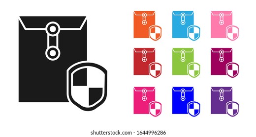Black Envelope with shield icon isolated on white background. Insurance concept. Security, safety, protection, protect concept. Set icons colorful. Vector Illustration