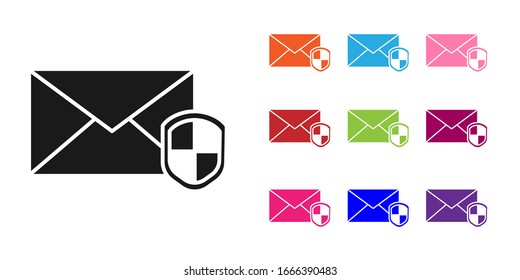 Schwarzer Umschlag mit Schild Symbol einzeln auf weißem Hintergrund.Versicherungskonzept. Sicherheit, Sicherheit, Schutz, Schutzkonzept. Symbole bunt festlegen. Vektorillustration-Illustration